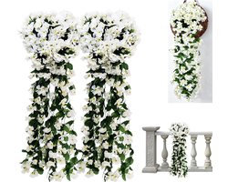 2 stuks Kunstmatige viool hangplant - Kunstviool slinger met bloemen - Hangende kunstplant viool - kunstviool slinge - hangende kunstplant viool- Hangende kunstbloemen voor binnen en buiten - Huis- en tuindecoratie - Wit
