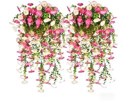 2 Stuks Kunstmatige Windebloemen – UV-bestendig Kunstgroen en Hangend Rotan voor Decoratie van Tuinmuren, Balkons en Veranda's – 75 cm (Verlopend Roze en Roze-Wit)