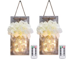 2 stuks LED-lichtsnoer, vintage wandlamp in de vorm van een weckpot met kunstbloemendecoratie, rustieke wandlamp met lichtsnoer voor Halloween, decoratie voor de slaapkamer op een bruiloft