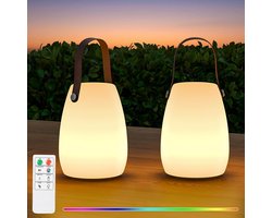 2 Stuks LED Tafellamp Kleine Draadloze Tafellamp 8 Kleuren Oplaadbare Buitentafellamp Dimbaar met Afstandsbediening IP44 voor Camping Tuin Balkon Terras