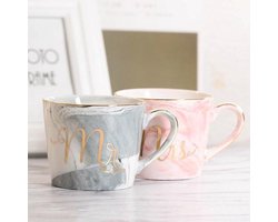 2 Stuks Luxe Keramische Mok Marmer met Mr & Mrs - Roze en Grijs - Koffie of Thee Kop