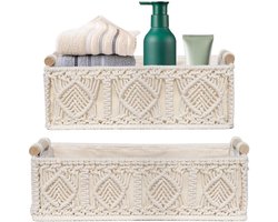 2 stuks macramé opbergmanden: Boho opbergmand met houten handvat, opbergmand voor de badkamer, handgevlochten mand, macramé mandenset voor badkamer, slaapkamer en kast