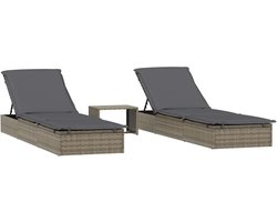 2 stuks, met bijzettafel, grijs, PE-rotan en gepoedercoat staal, verstelbaar, weerbestendig, ideaal voor zwembad, balkon, tuin en camping