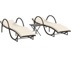 2 stuks, met theetafel, bruin, PE-rotan en gepoedercoat stalen frame, 3-voudig verstelbaar, weerbestendig, voor tuin, terras, balkon