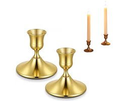 2 stuks Metalen kandelaars Kaarsenhouders-Gouden-Pijler-Kaarsenhouder - Tafeldecoratie kandelaars - Ornament voor de open haard of salontafel - 6,7 * 2,2 * 7 cm - Geschikt als decoratiestuk voor op de salontafel van een restaurant - koper.