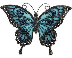2 stuks metalen vlinder wanddecoratie, glazen buitenmuurkunst, sculpturen, 30 cm hangende tuindecoraties, decoratieve ornamenten voor binnen en buiten, voor op het terras, tuinhek, slaapkamer, woonkamer