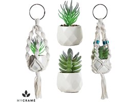 2 Stuks Mini Macramé Plantenhangers met Kunstplanten - Bohemian Hangende bloempot voor Binnen & Buiten - Boho Klein Hangpot Auto accessoires Interieur Versiering - Bureau Planthanger Nep Planten - Vensterbank Raamhanger Wandkleed - Autospiegel hanger