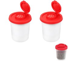 2-stuks Miniatuur kruidenpotje - Specerijenpotje - Zoutstrooier - Peperstrooier - Draagbare zoutstrooier - Gemaakt van plastic - 5x5x7 cm - Geschikt voor kamperen, picknicks, buitenkeukens, lunchboxen, enz. - Rood