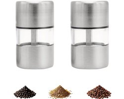 2 stuks - Minimolen - Handmatige pepermolen - Specerijenmolen - Peperstrooier - Keukenkruidentool - Zilver - 3×3×5,2 cm - Geschikt voor het malen van peper, komijn, grof zout en sesamzaad