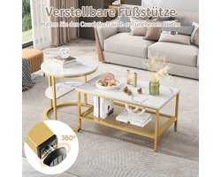 2 Stuks Moderne Luxe Marmerlook Salontafel Set Grote Tafel L80x B46xH37cm & Ronde Bijzet Tafel Ø52xH51cm Hoogglans Marmeren Fineer Sofa Zij Nest van Tafels Eindtafels- Set van 2 Rechthoek & Ronde Koffie Tafels Gouden Frame - Stijl & Functionaliteit