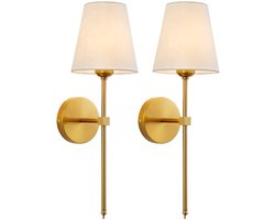 2 Stuks Moderne wandlampen - Wandlamp voor naast het bed in de slaapkamer - Wandverlichting met witte stoffen kap - Geschikt voor slaapkamer, woonkamer, gang en keuken - Goudkleurig