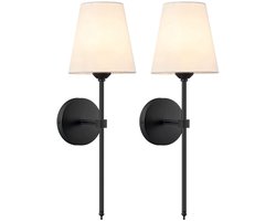 2 Stuks Moderne wandlampen - Wandlamp voor naast het bed in de slaapkamer - Wandverlichting met witte stoffen kap - Geschikt voor slaapkamer, woonkamer, gang en keuken - Zwart