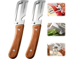 2 Stuks Multifunctionele Groenteschiller voor Keuken - 3 in1 Bladen Dunschiller en Cutter Set - Met Flessenopener, Houten Handvat en Rasp - Fruit- en Groenteschiller - RVS - Duurzaam & Ergonomisch - Voor Appels, Aardappels, Papaja, Wortels & Pompoen