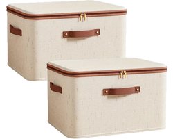 2 stuks opbergbakken met ritssluiting - 56 liter (49 * 37 * 31 cm) - katoenen linnen stof - opvouwbare kledingbakken met PU-leren handvatten