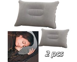 2 stuks - Opblaasbaar kussen met fluweelachtige bekleding - Lichtgewicht en zacht - Reiskussen - Neksteunkussen - 38*24 cm - Geschikt voor buitenreizen, kantoorgebruik en rust - Grijs