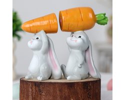 2 Stuks Paaskonijn Figuren Set - Konijnen Met Wortels - Resin Tafel Ornament Voor Paasfeest & Interieur