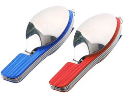 2 stuks premium 4-in-1 bestek camping opvouwbaar campingservies, multifunctionele roestvrijstalen bestekset - mes - vork - lepel - flesopener (rood + blauw)