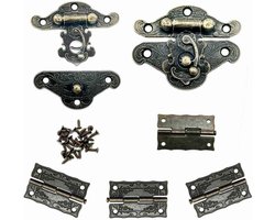 2 stuks retro antiek design meubelkast decoratieve sieraden box vergrendeling en 4 stuks vintage scharnieren (een draaihoek van 315 graden), met voldoende bronskleurige schroeven