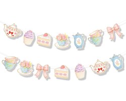 2 stuks retro theefeestdecoratiebanner, theefeest- en verjaardagsdecoratie, vintage dubbelzijdige bloemenhanger met theepot- en taartkopjesmotief, papieren banner voor vrouwen