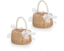 2 stuks rieten rotan bloemenmeisjesmand, bruiloftsbloemenmeisjesmand met parelmoeren handvat en strik, handgeweven paasmand, rieten mand voor bruiloftsbloemenmeisje (bruin)