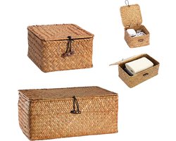 2 stuks - Rietopbergdoos - Zeegras mandje met deksel - Gevlochten Zeegras Opbergdozen met deksel - （vierkant 14×14cm + rechthoekig 28×18cm） - karamelkleur met houten sluiting - voor thuisopbergen en decoratie