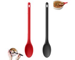 2 stuks - Roerlepel van siliconen met lange steel - 29,8 cm antiaanbaklaag, hittebestendige rubberen roerlepel - Zwart + Rood - Menglepel uit één stuk siliconen - Roerlepel met verlengde steel - Saladelepel - Keukengereedschap