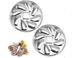 2-stuks Ronde oesterschaal - Roestvrijstalen oesterschaal - Schelpvormige schaal - Schaal voor zeevruchten - Dessertschaal - Dienblad - Gemakkelijk schoon te maken - 23 x 23 cm - Geschikt voor oesters, mosselen en desserts - Zilver