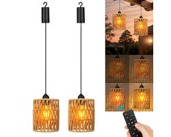 2 stuks rotan hanglampen met afstandsbediening - Hangende kroonluchters op batterijen - Boho lampenkap - Geweven rotan verlichting voor binnen, buiten, tuin en terras
