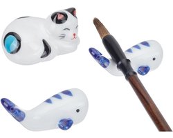 2 Stuks Schattige Kat Keramische Penseelhouder voor Chinese Kalligrafie, Ideaal voor Keuken en Tafelgebruik, Geschikt voor Eetstokjes, Lepels en Vorken, 1.85~2.2 Inch