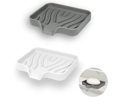 2 Stuks Siliconen Zeepbakje met Afvoer, Zeepbak voor Douche, Zeephouder voor Badkuip, Zeeponderlegger voor Wastafel, Zeepschalen voor Badkamer, Keuken en Aanrecht (Wit + Grijs)