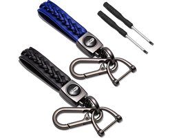 2 stuks sleutelhangers van gevlochten leer met sleutelring en hoefijzer (zwart en blauw) - Autosleutelhanger