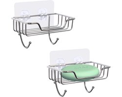 2 stuks sterke zelfklevende zeepschaal, roestvrijstalen zeephouder met haak zonder boren, wandgemonteerde zeepbak voor douche, badkamer, keuken, zilver