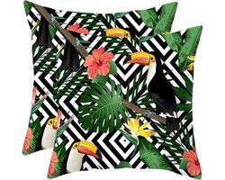 2 stuks Tuin-SierKussen - South Beach - 45x45cm - buitenkussen - water en UV-bestendig sierkussen - Heldere kussentjes met zomerse print - hoge kwaliteit - 630gr.