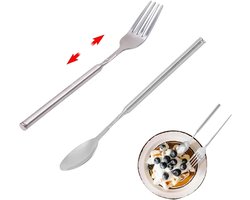 2 stuks - Uitschuifbaar bestek - Tafelvork - Besteklepel - Telescopische lepel en vork van roestvrij staal - Verstelbaar bestek - Bestek - Uitschuifbare verlengde diner vork met lange steel - keukengerei - voor barbecues, picknicks, recepties -zilver