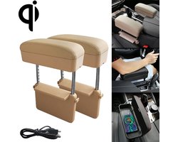 2 STUKS Universele Auto Draadloze Qi Standaard Oplader PU Leer Gewikkeld Armsteun Doos Kussen Auto Armsteun Doos Mat met Opbergdoos (Beige)