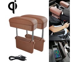 2 STUKS Universele Auto Draadloze Qi Standaard Oplader PU Leer Gewikkeld Armsteun Doos Kussen Auto Armsteun Doos Mat met Opbergdoos (Bruin)