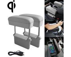 2 STUKS Universele Auto Draadloze Qi Standaard Oplader PU Leer Gewikkeld Armsteun Doos Kussen Auto Armsteun Doos Mat met Opbergdoos (grijs)