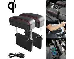 2 STUKS Universele Auto Draadloze Qi Standaard Oplader PU Leer Gewikkeld Armsteun Doos Kussen Auto Armsteun Doos Mat met Opbergdoos (Zwart Rood)