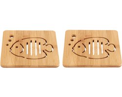 2 stuks - Vierkante placemat met bubbelvismotief - Dikke bamboe onderlegger voor potten en kommen - Warmte-isolerende onderlegger voor op tafel - 16*16*0,8 cm - Houtkleur