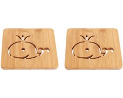 2 stuks - Vierkante placemat met walvismotief - Dikke bamboe onderzetter voor potten en pannen - Hittebestendige onderlegger voor op tafel - 16*16*0,8 cm - Houtkleur