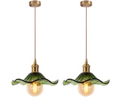 2 Stuks Vintage Hanglamp Glas Kroonluchter E27 Plafondlamp voor Woonkamer Slaapkamer Keuken Groen