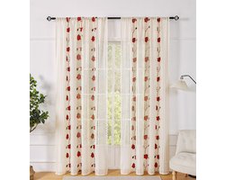 2 stuks vintage kanten gordijnen, roede nodig, licht transparant, romantische bloemen en takken tule kantgordijnen, geschikt voor woonkamer, terrasdeur, raam,Red flower，140*260cm