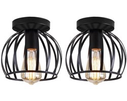 2 Stuks Vintage Plafondlamp Industriële E27 Hanglamp Kooivorm Plafonnière voor Slaapkamer Gang Balkon Zwart