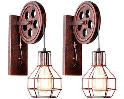 2 Stuks Vintage Wandlamp Industriële E27 Muurlamp Katrol Ontwerp voor Slaapkamer Woonkamer Hal Rode Roestkleur