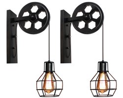 2 Stuks Vintage Wandlamp Industriële E27 Muurlamp Katrol Ontwerp voor Slaapkamer Woonkamer Hal Zwart