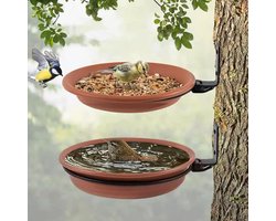 2-Stuks Vogelbadbak - Vogelbadbak voor in de tuin - Drinkbak voor vogels - Badbak voor wilde vogels voor buiten - Voerbak voor vogels - Waterbak - Kan worden geïnstalleerd op houten schuttingen, bomen, terrassen- Bruin