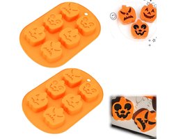 2 stuks Vormen – Koekjesvormpje – Bakbenodigdheden – Taartbakgereedschap – Pompoenvorm – Halloween siliconen mal – 6 holtes – Voor cakes, chocolaatjes, snoepjes, koekjes, gebak, desserts, gelei (27,4 x 17,3 x 2,8 cm – Oranje)