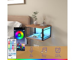 2 stuks wandgemonteerde nachtkastjes van hout met verlichting, 2-laags zwevend nachtkastje, open ruimte, metalen en houten nachtkastje voor slaapkamer, woonkamer en appartement, bruin