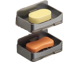 2 stuks wandgemonteerde zeepbakjes voor de douche - stevige ABS zeephouder met zelfklevende achterkant - afvoergaatjes en uitneembaar bakje - grijze badkamer- en keukenorganizer voor zeep en spons - boren niet nodig