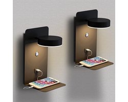 2 stuks Wandlamp slaapkamer - wandlampje - bedlampje - Wandlamp binnen - nachtlampje volwassenen - LED wandlamp - voor naast bed - inclusief USB oplaadpoort - inclusief schakelaar - zwart